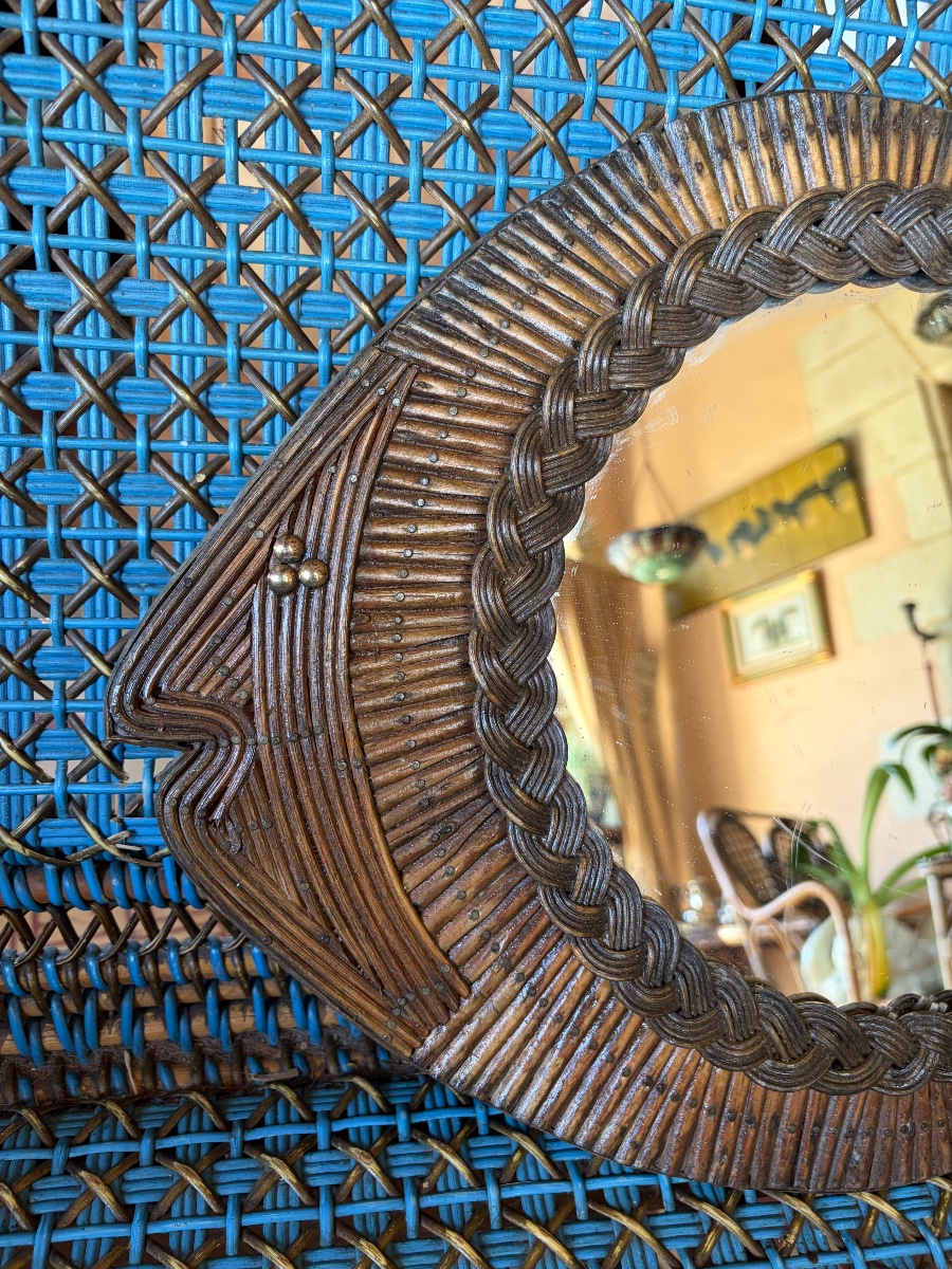 Fish-shaped Rattan Mirror, 1960s.-photo-2