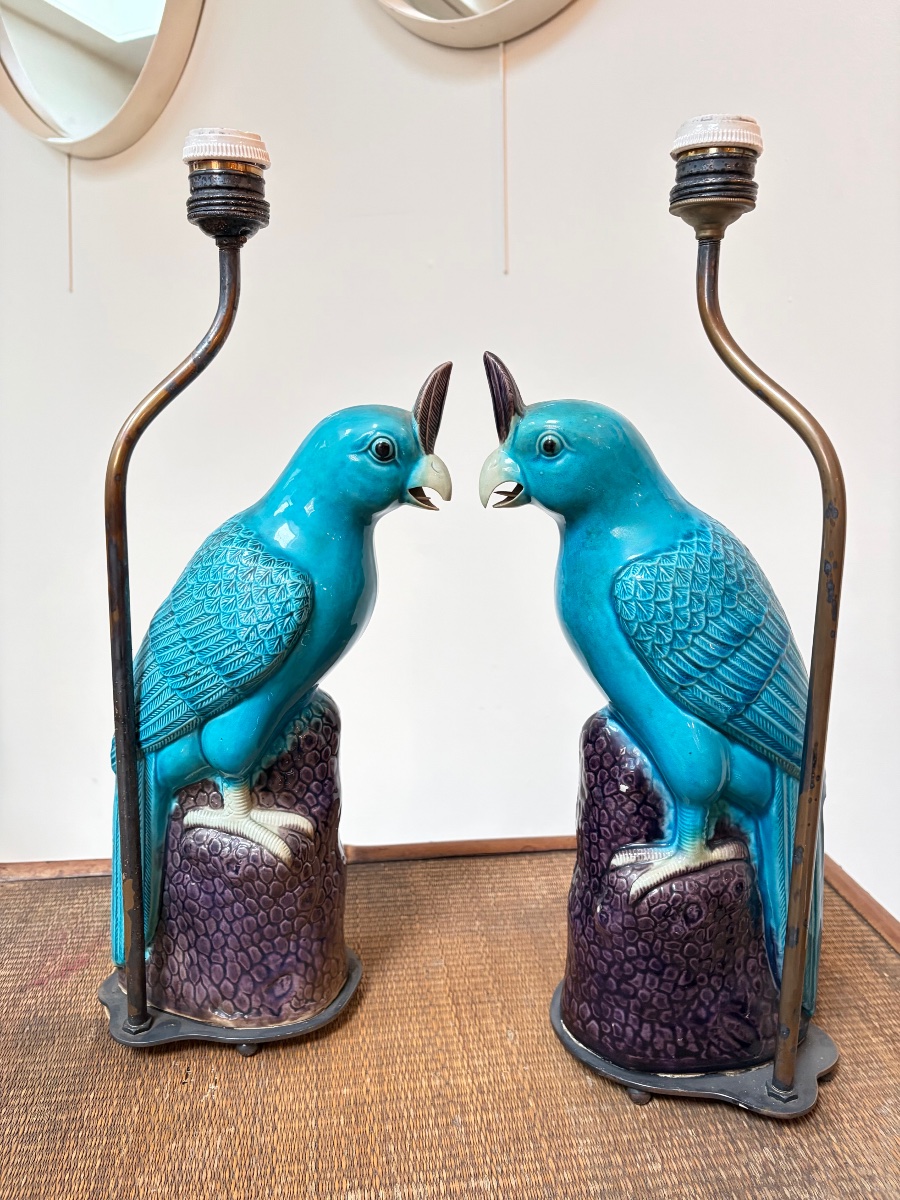 Pair Of Blue Earthenware Parrot Lamps.-photo-3