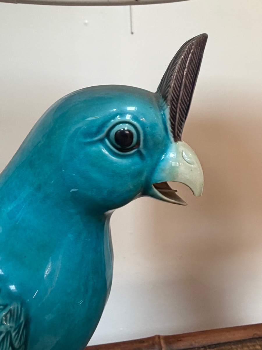 Pair Of Blue Earthenware Parrot Lamps.-photo-1