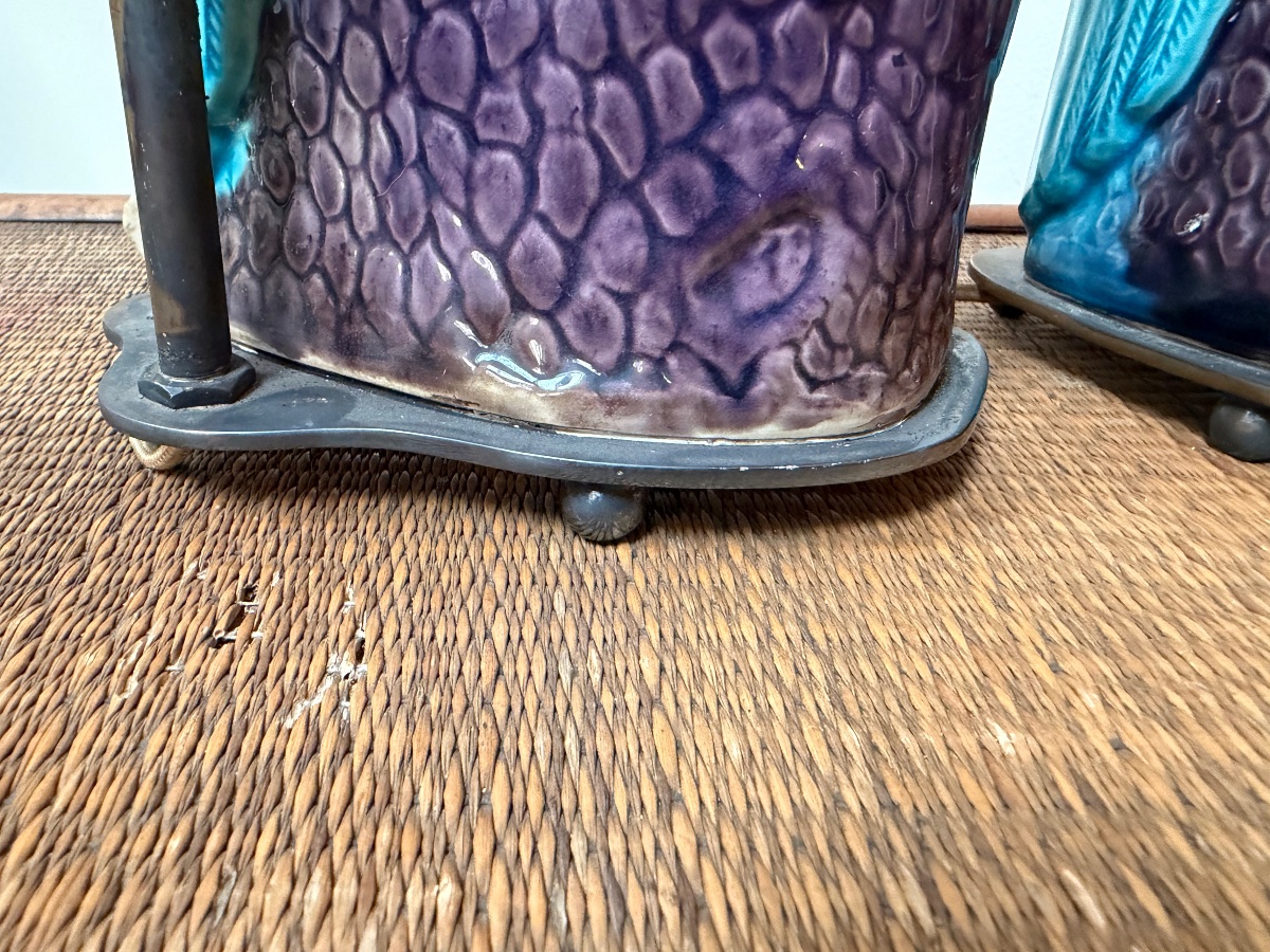 Pair Of Blue Earthenware Parrot Lamps.-photo-2