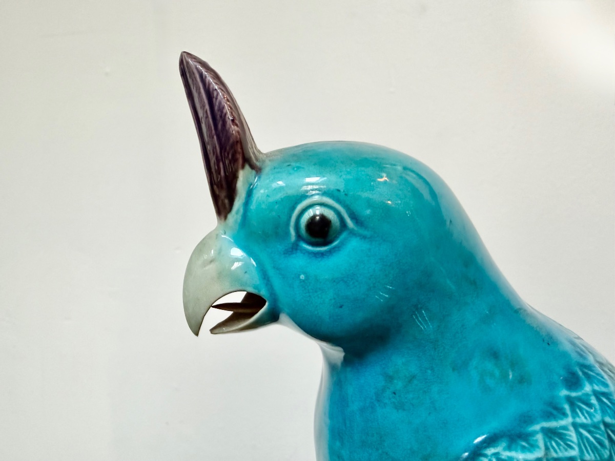 Pair Of Blue Earthenware Parrot Lamps.-photo-4
