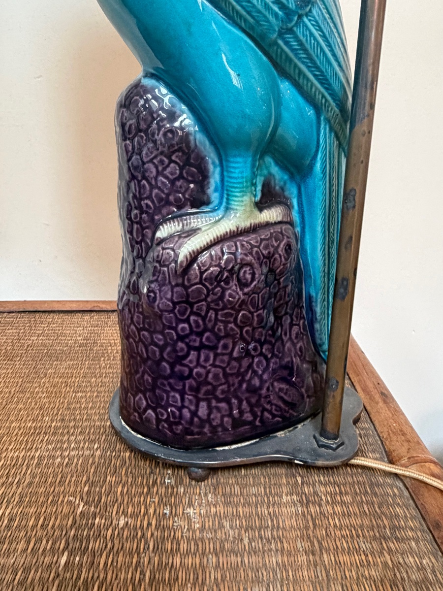 Pair Of Blue Earthenware Parrot Lamps.-photo-5