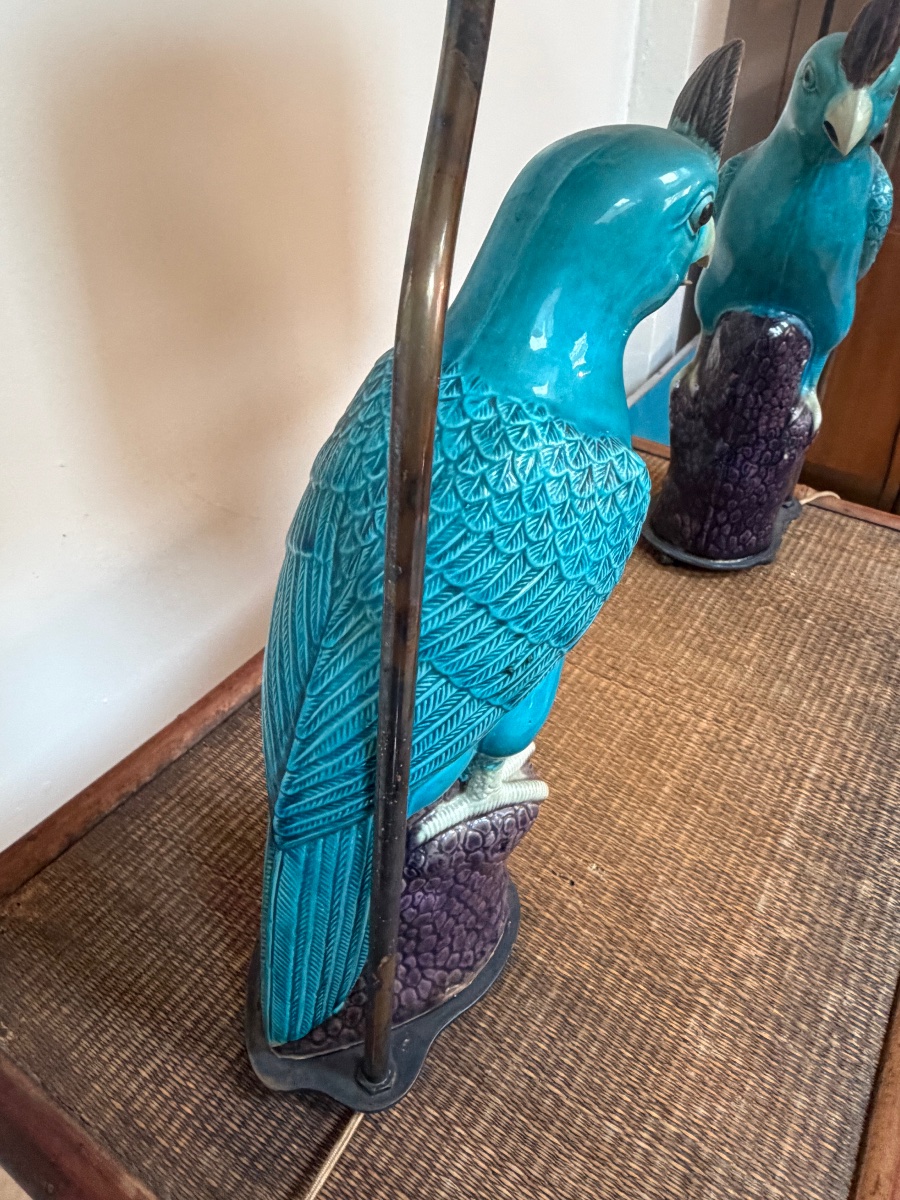 Pair Of Blue Earthenware Parrot Lamps.-photo-6