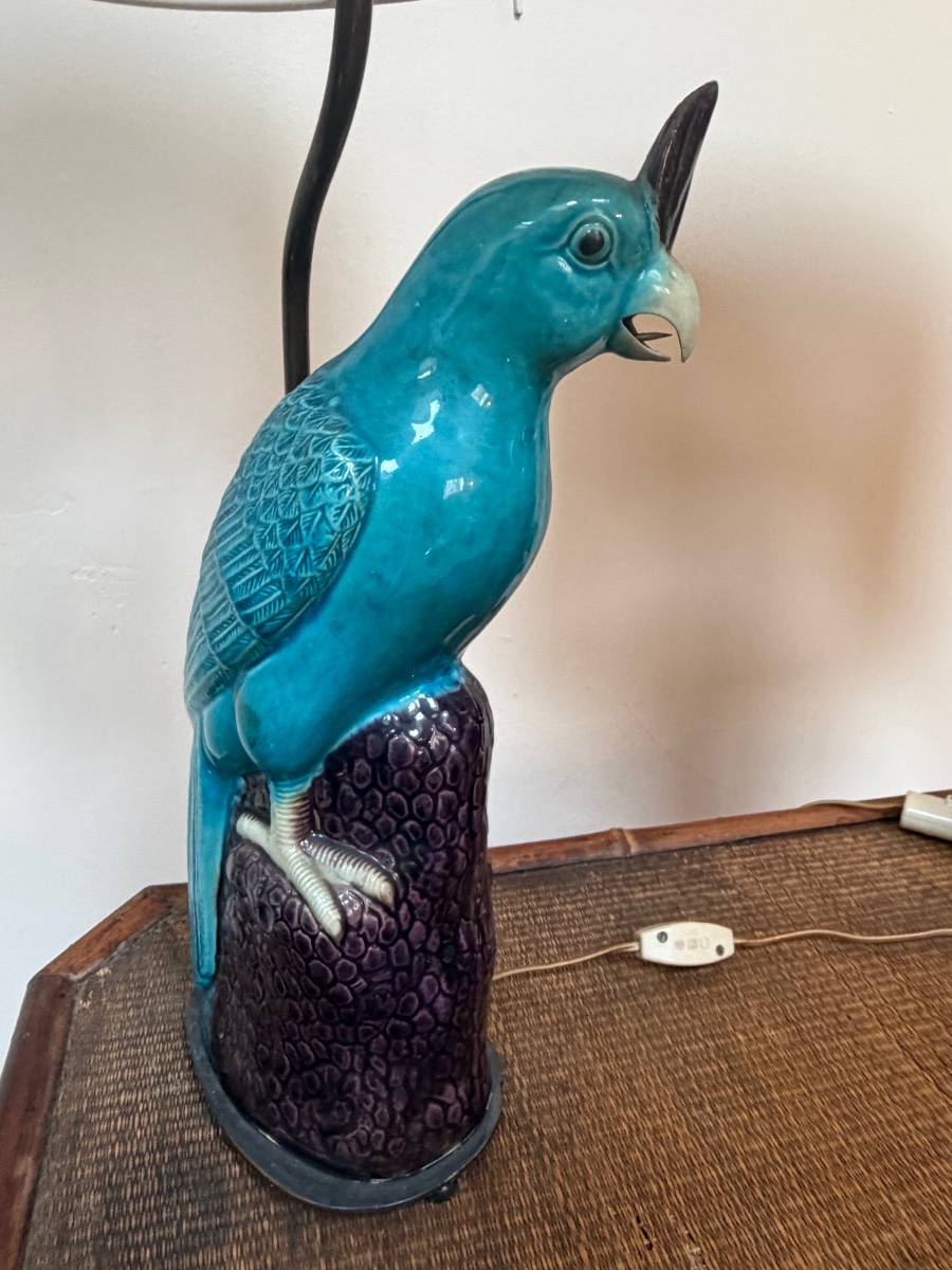Pair Of Blue Earthenware Parrot Lamps.-photo-7