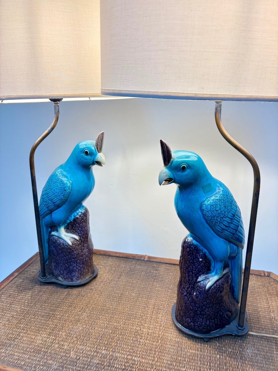 Pair Of Blue Earthenware Parrot Lamps.-photo-8