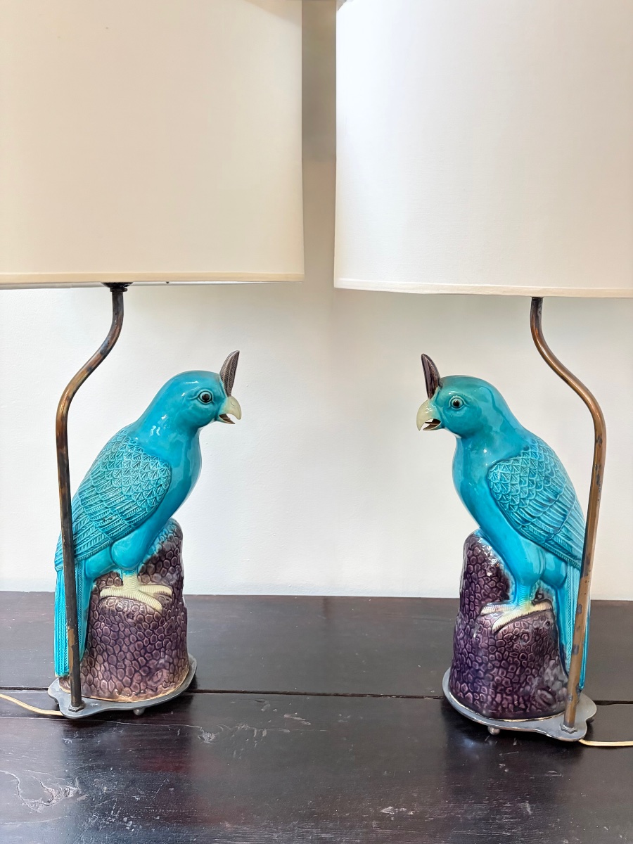 Pair Of Blue Earthenware Parrot Lamps.