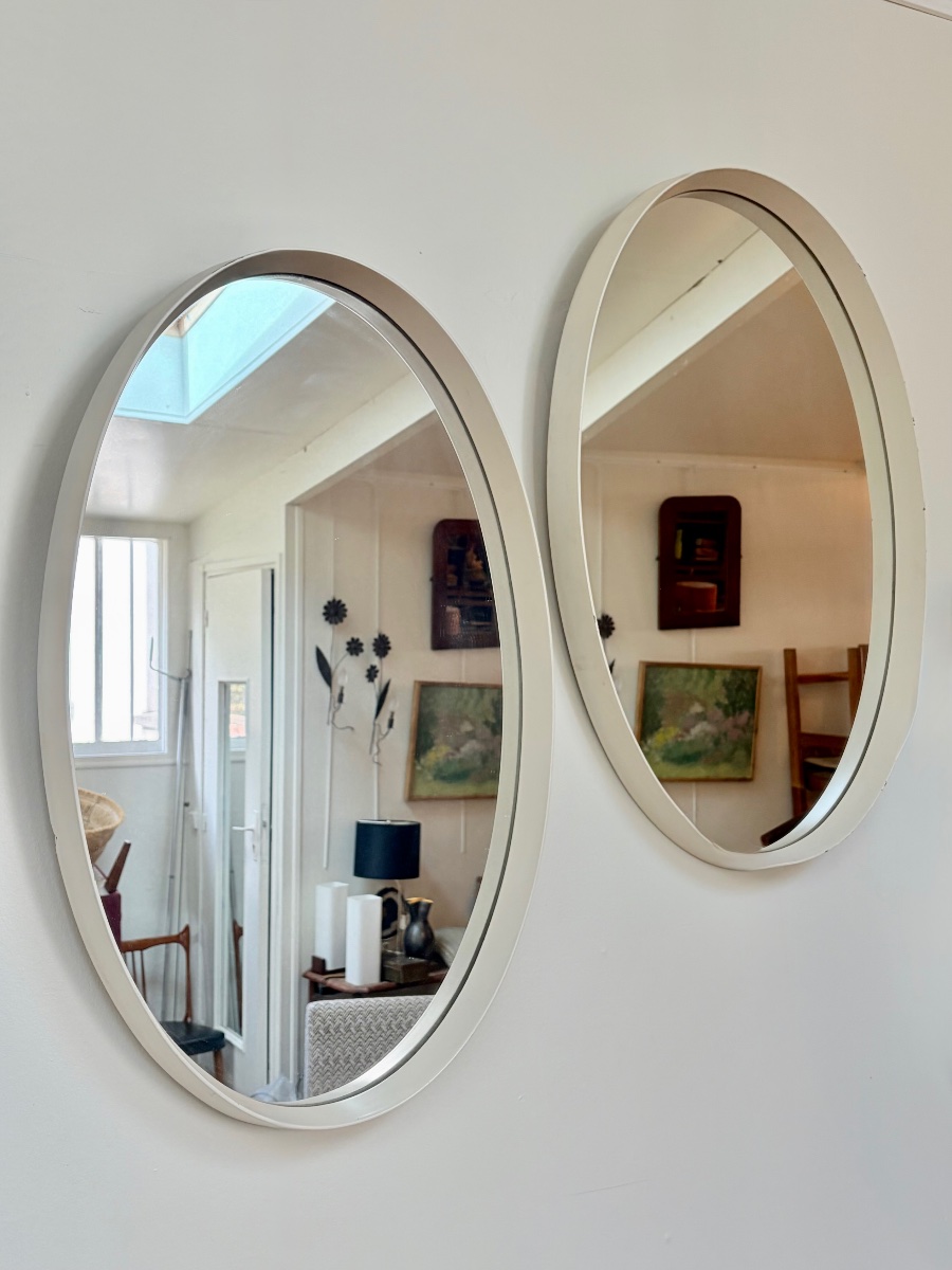 Set Of 4 Oval Mirrors Made Of White-lacquered Wood, Circa 1970.-photo-4