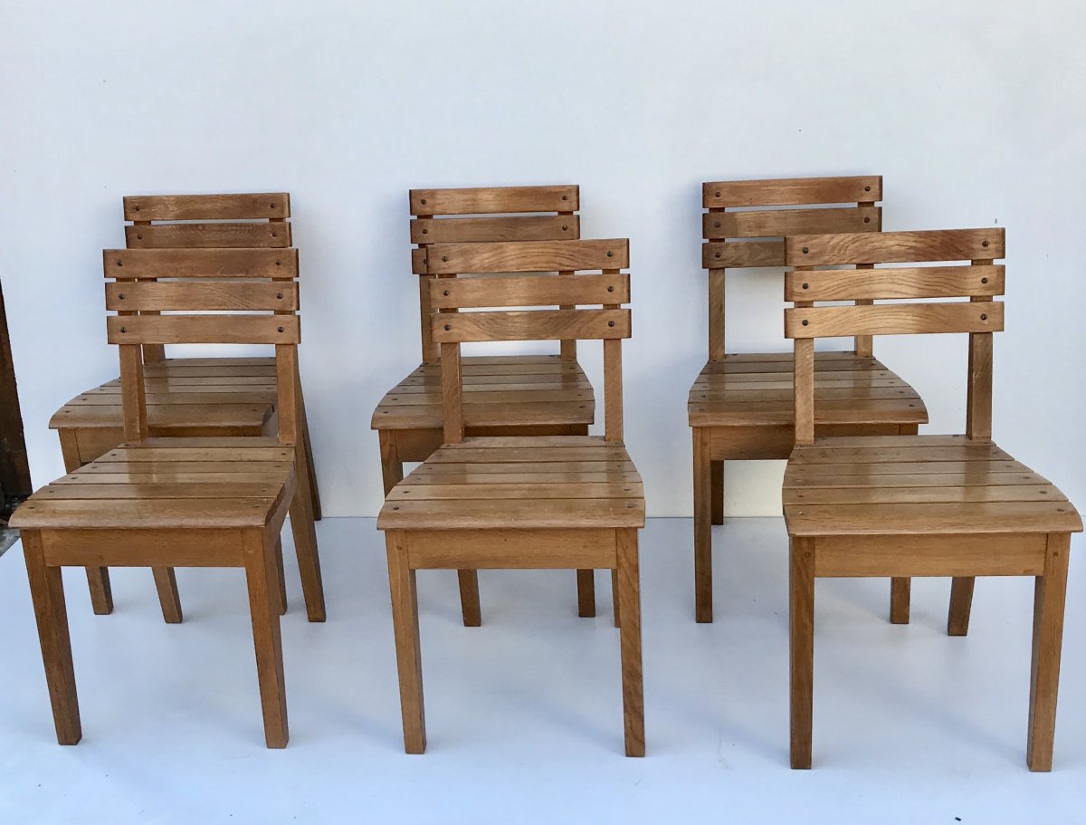 Suite Of 6 Oak Chairs By Charles Dudouyt For La Gentilhommière, France, Circa 1960