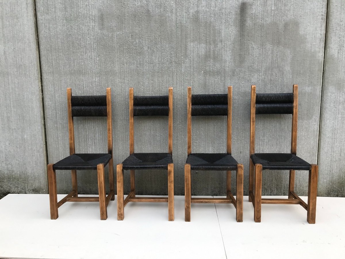 Suite de 4 chaises en paille, circa 1960-photo-2