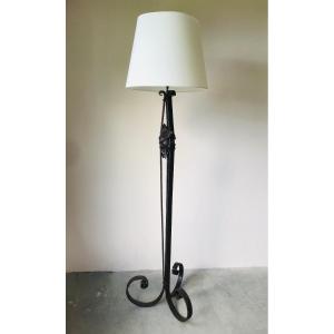 Art Deco Wrought Iron Floor Lamp Decorated With Flowers, Circa 1930.