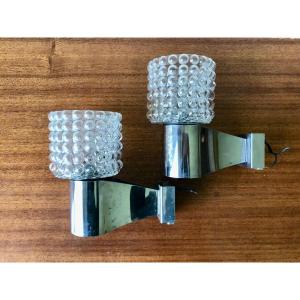 Pair Of Chrome And Glass Wall Lights, Circa 1970.