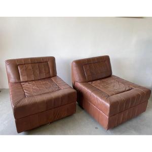 Pair Of Brown Patchwork Leather Armchairs By Percival Lafer, Brazil, Circa 1970.