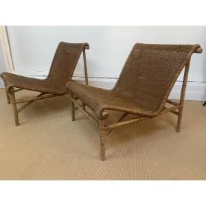 Paire de chauffeuses/fauteuils en osier et bambou.