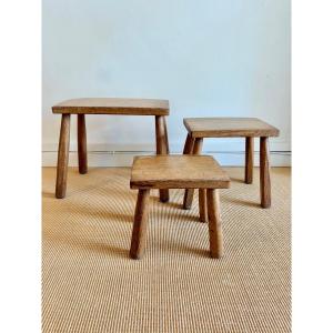 Suite Of 3 Brutalist Nesting Tables In Solid Oak, Circa 1950.