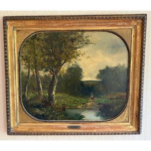 Paul Louis Morizet (1850-?) , Animated River Landscape, Barbizon School, 19th Century.