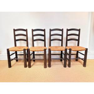 Set Of 4 Brutalist Solid Wood Chairs By Georges Robert, Circa 1950.