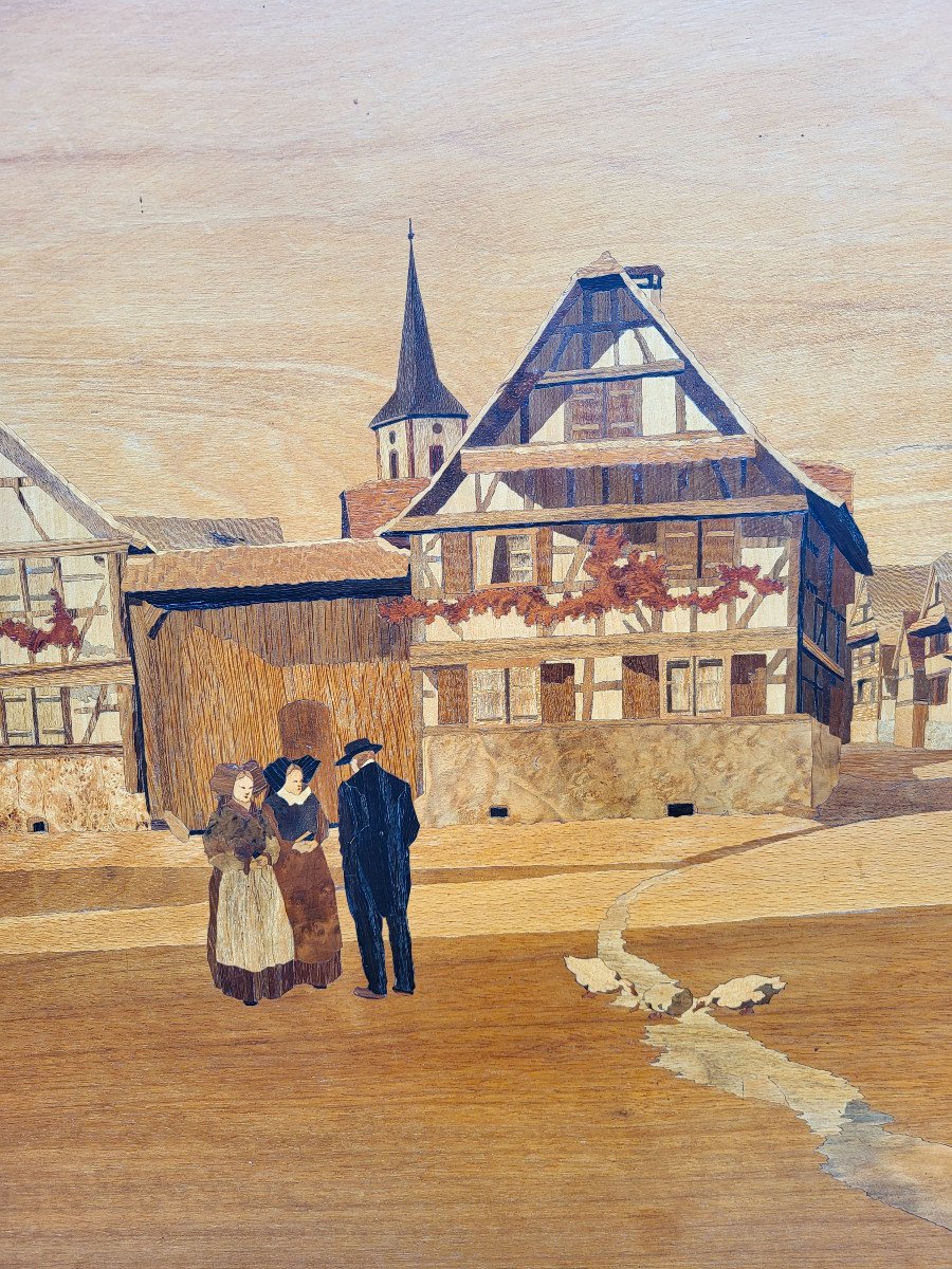 Charles Spindler, Large Marquetry Panel, View Of An Alsatian Village.-photo-4