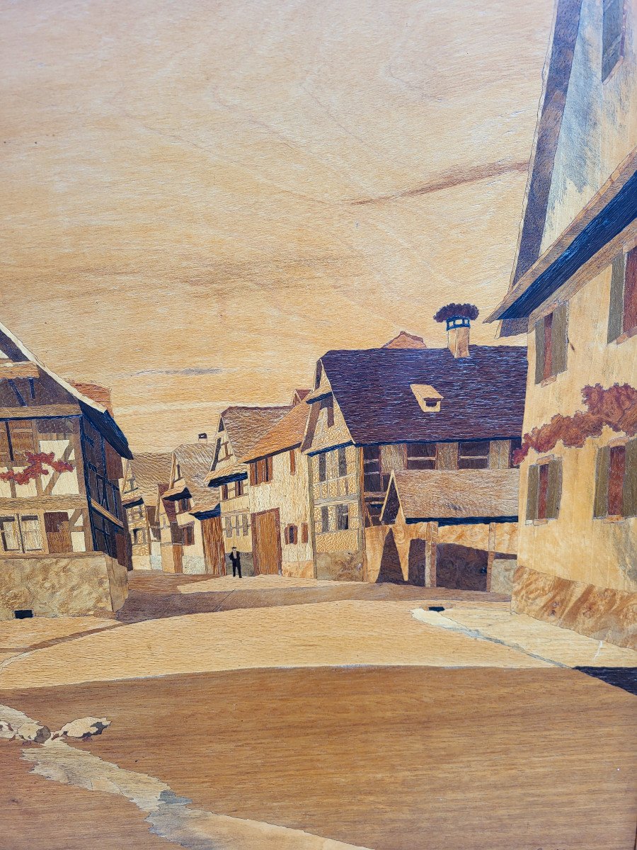 Charles Spindler, Large Marquetry Panel, View Of An Alsatian Village.-photo-1