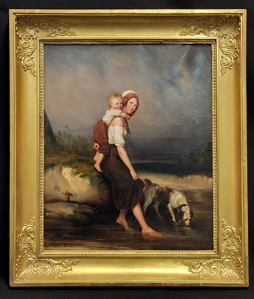 Ecole Francaise vers 1840: Jeune bergère et son enfant". Huile sur toile.