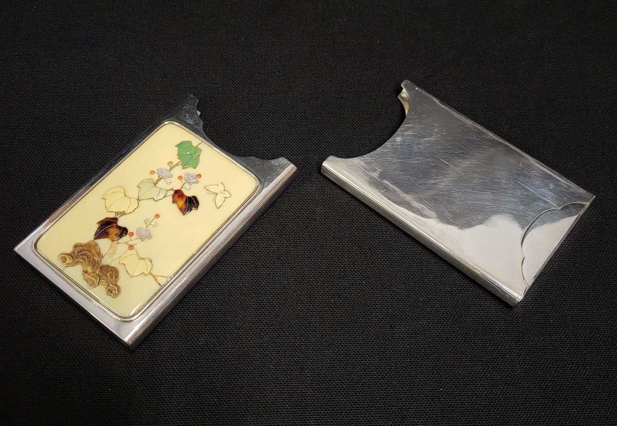 Etui à cartes, Japon periode Meiji. Argent massif et Shibayama sur ivoire.-photo-4