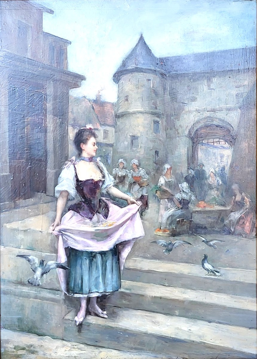 Rl Lotthe, "the Young Lady With Pigeons", Oil On Mahogany Panel, Circa 1880.-photo-2