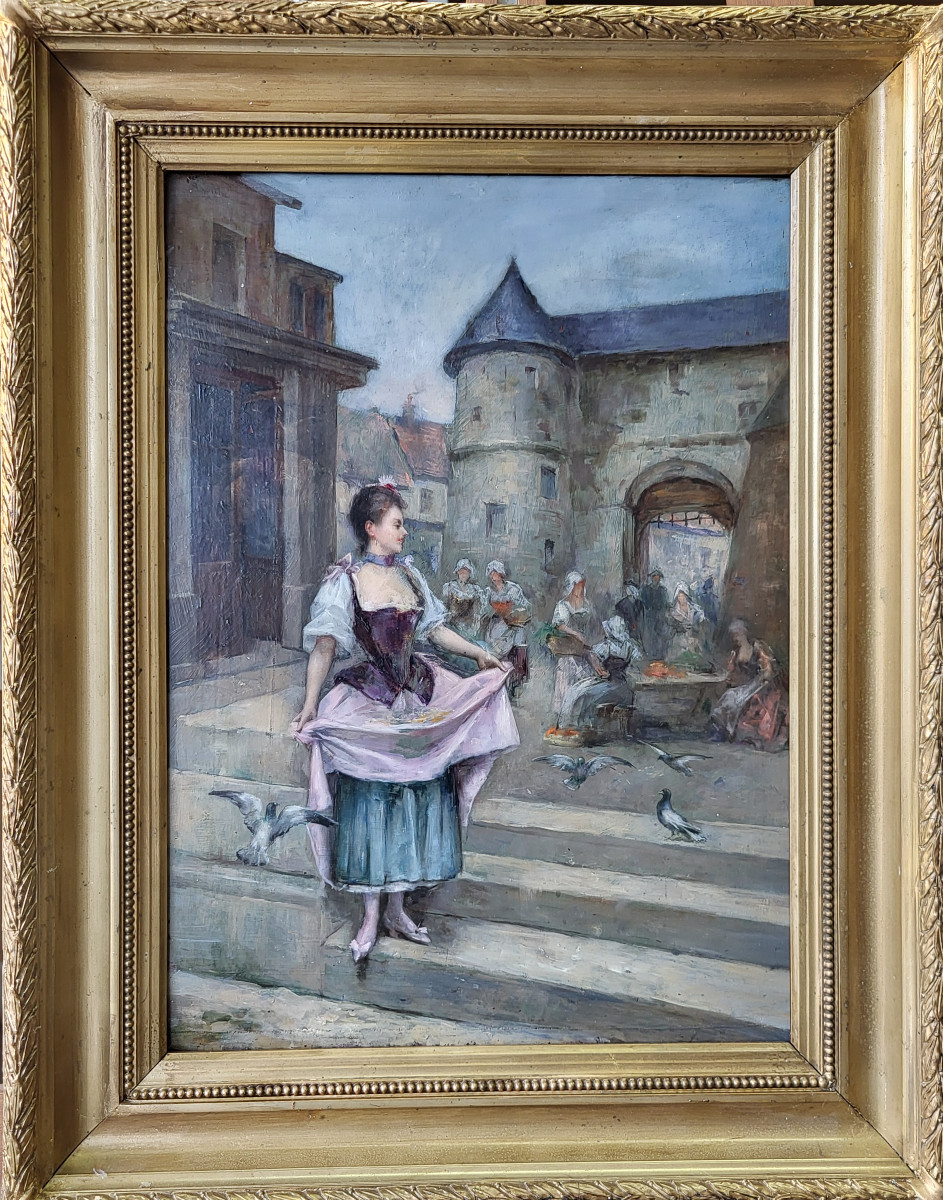 Rl Lotthe, "the Young Lady With Pigeons", Oil On Mahogany Panel, Circa 1880.
