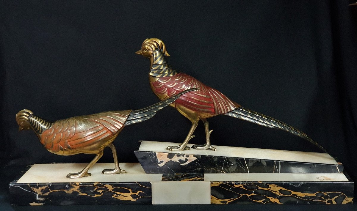 Jeanne Hugues (1855-1932) Couple Of Pheasants In Gilt Bronze And Polychrome, Around 1925.-photo-2