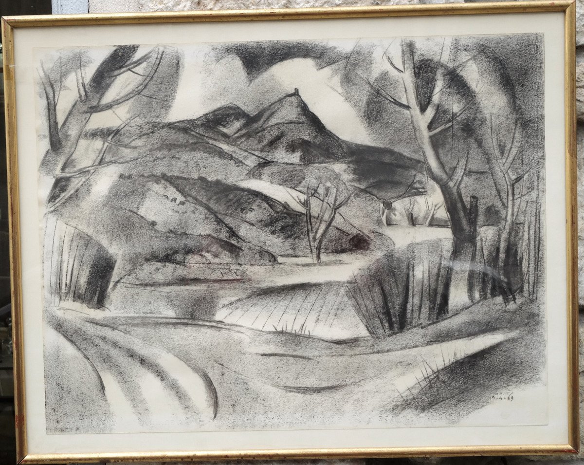 Martin Vivès (1905-1991), Large Charcoal On Canson C à Grain, View Of The Red Pique De Barriès.