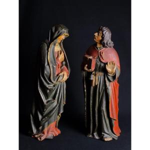 Paire De Statues De La Vierge Et Saint Jean En Noyer Polychrome, Flandres 1ere Moitié Du XVIème