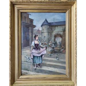 Rl Lotthe, "the Young Lady With Pigeons", Oil On Mahogany Panel, Circa 1880.
