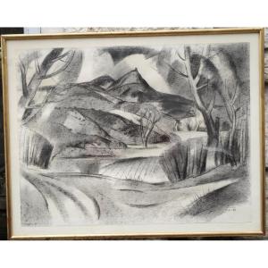 Martin Vivès (1905-1991), Large Charcoal On Canson C à Grain, View Of The Red Pique De Barriès.