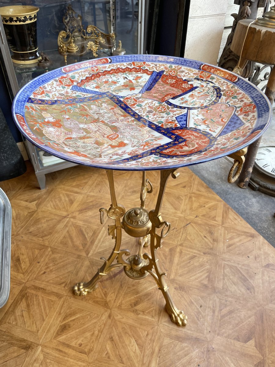 GUERIDON BRONZE DORE ET PORCELAINE  IMARI XIXE