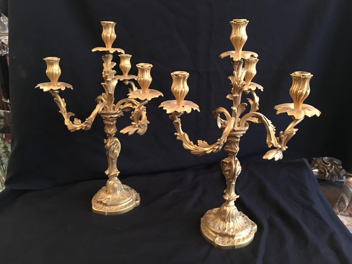 Candlestick / Candelabra Pair Lxv Style Gilt Bronze