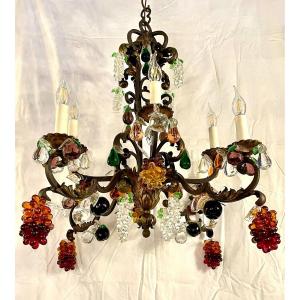 Wrought Iron Chandelier 1930 Crystal Fruits