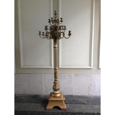 8 Lampadaires - Girandoles  Sur Pied En Bois Et Chandelier Bronze