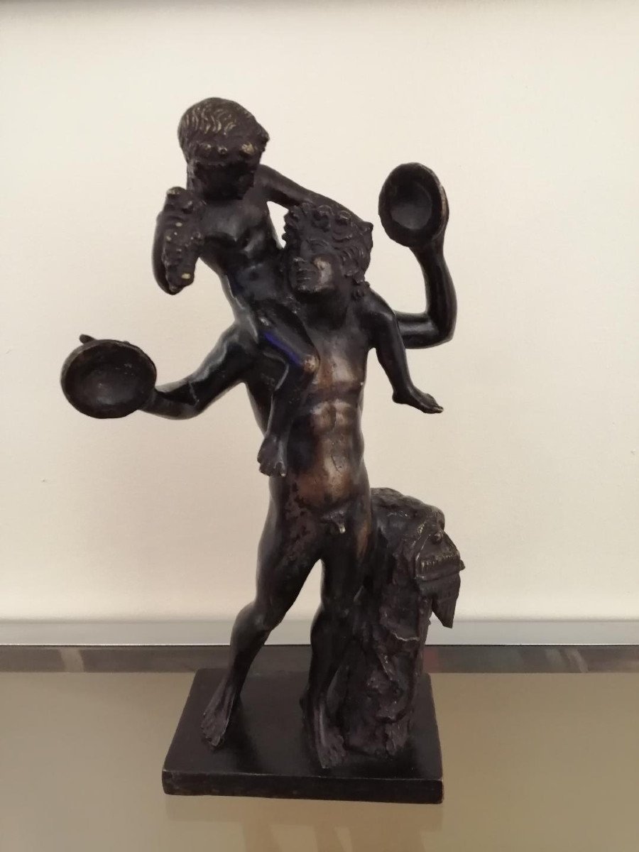 Bronze Statue Satyr With Cymbals Carrying Bacchus Dionysus On His Shoulders