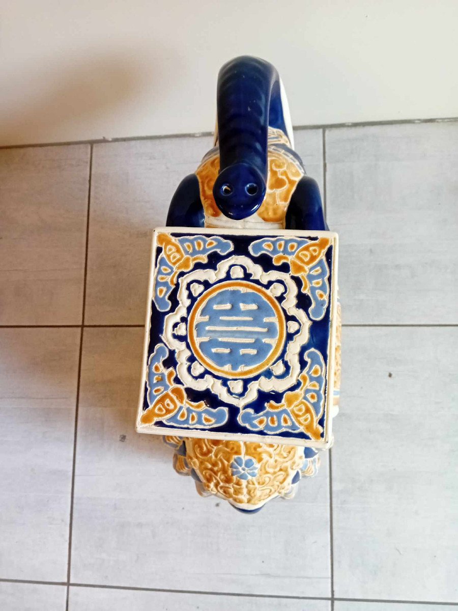 Elephant In Blue And Beige Glazed Earthenware-photo-3