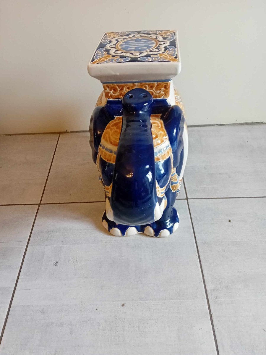 Elephant In Blue And Beige Glazed Earthenware-photo-4