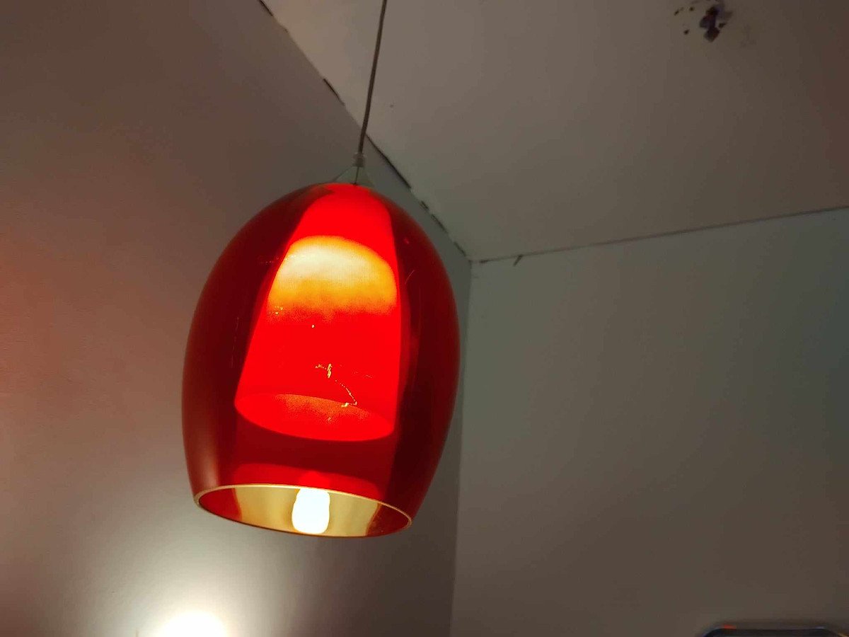 Pair Of Conical Pendant Lights In Red Tinted Glass-photo-3