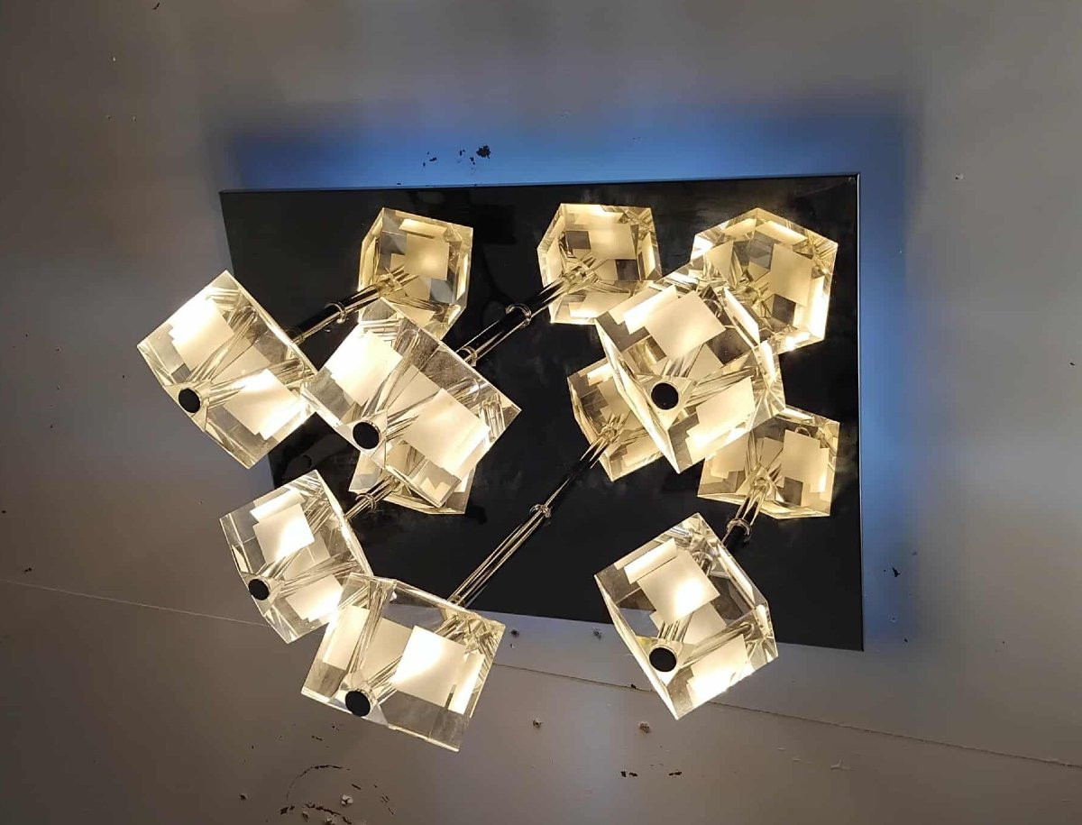 70/80's Stainless Steel Ceiling Light With 6 Glass Cubes-photo-1