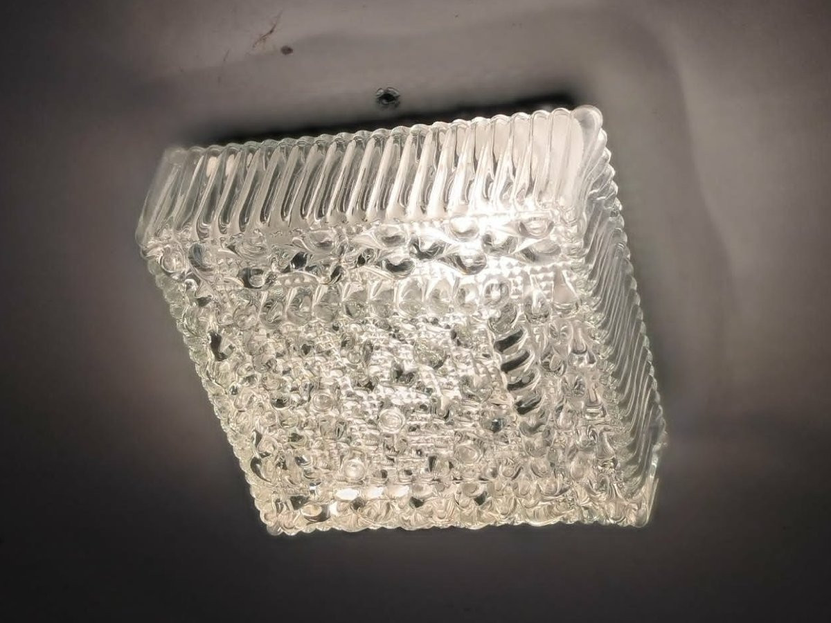 Square Pavé Ceiling Light In Moulded Glass Hustadt Leuchten From The 70s-photo-2