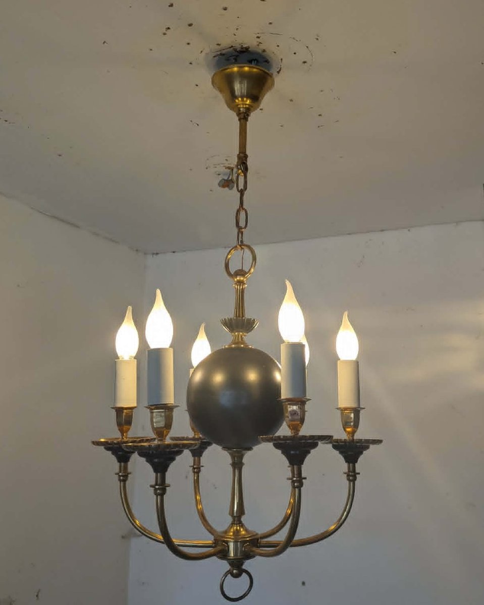 6-light Bronze Chandelier Attributed To Maison Arlus-photo-2
