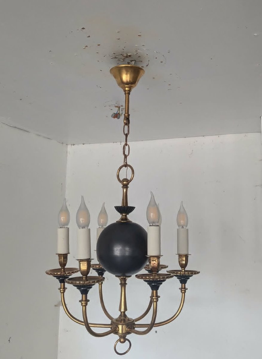 6-light Bronze Chandelier Attributed To Maison Arlus-photo-3