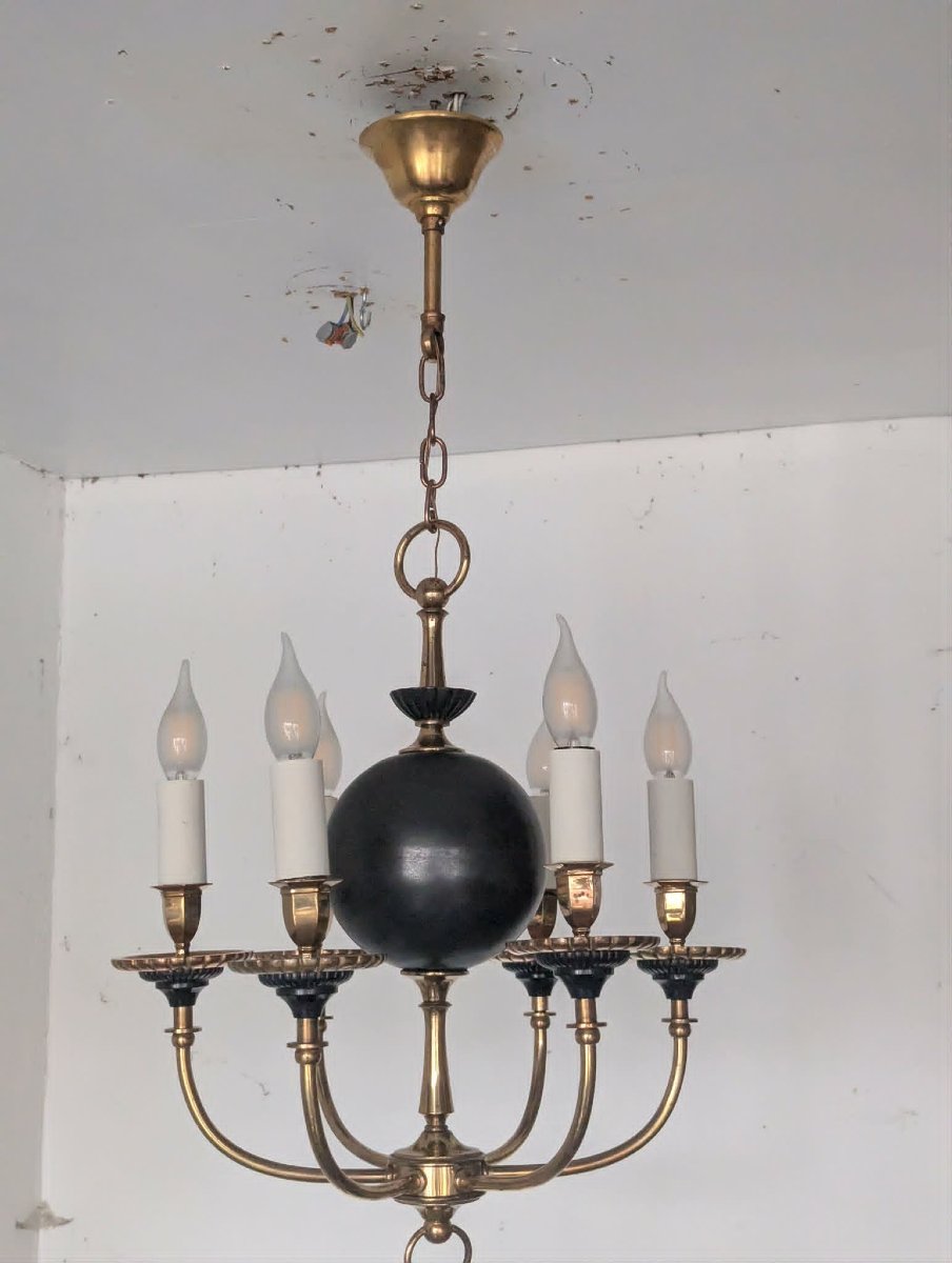 6-light Bronze Chandelier Attributed To Maison Arlus-photo-4