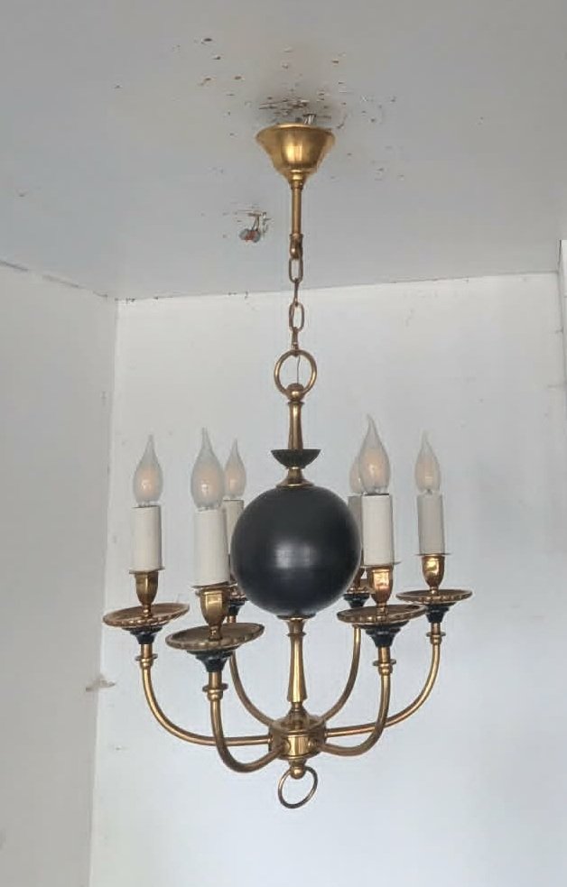 6-light Bronze Chandelier Attributed To Maison Arlus-photo-4