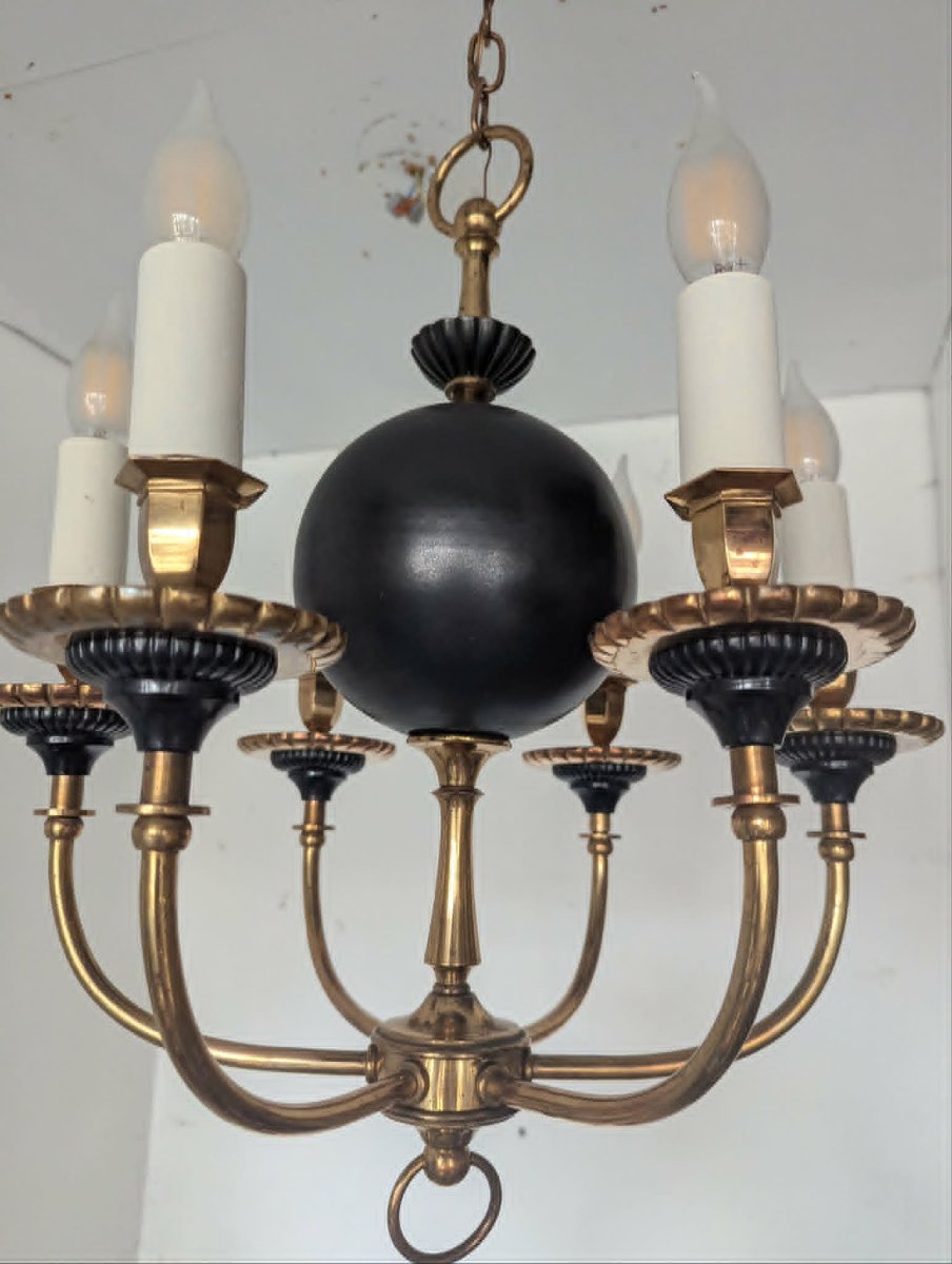 6-light Bronze Chandelier Attributed To Maison Arlus-photo-7