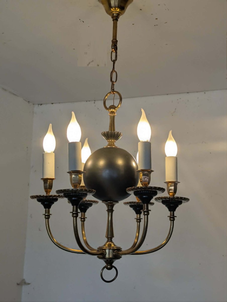 6-light Bronze Chandelier Attributed To Maison Arlus