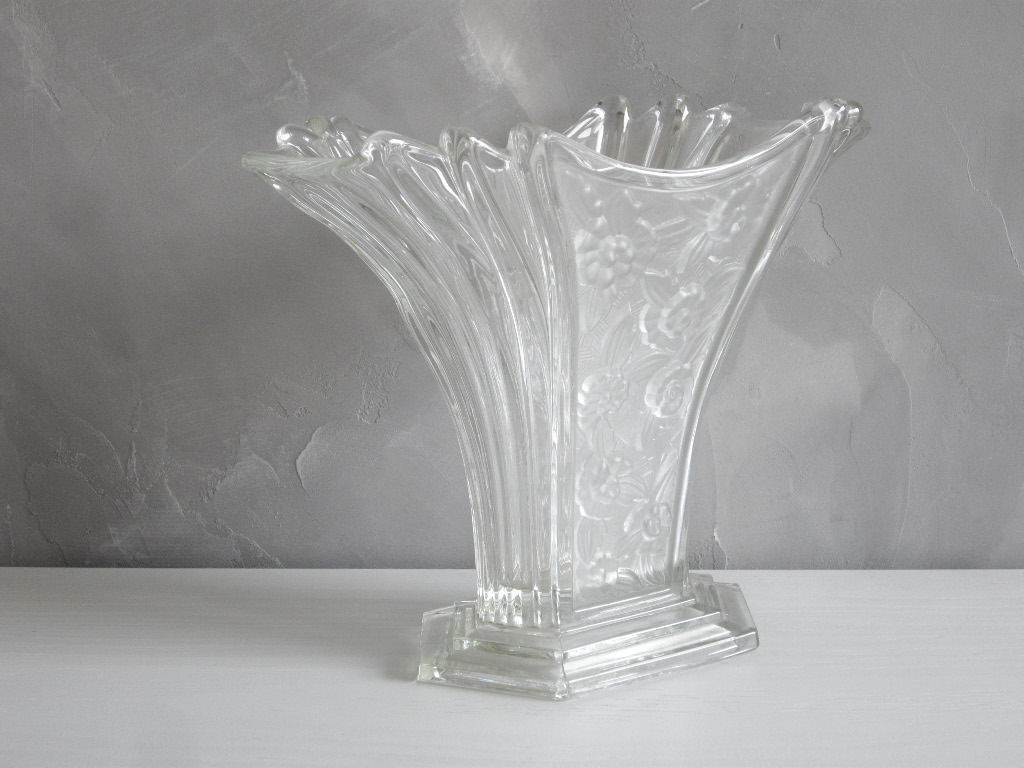 Vintage Art Deco Molded Glass Vase Pressed Stylized Flower Decor.