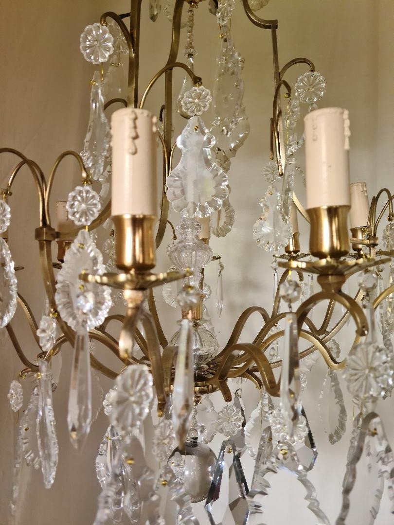 Very Beautiful Cage Chandelier In Bronze With Crystal Plates-photo-3