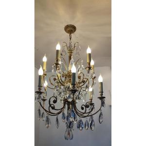 Exceptional Large Crystal And Bronze Chandelier 12 Arms Of Light